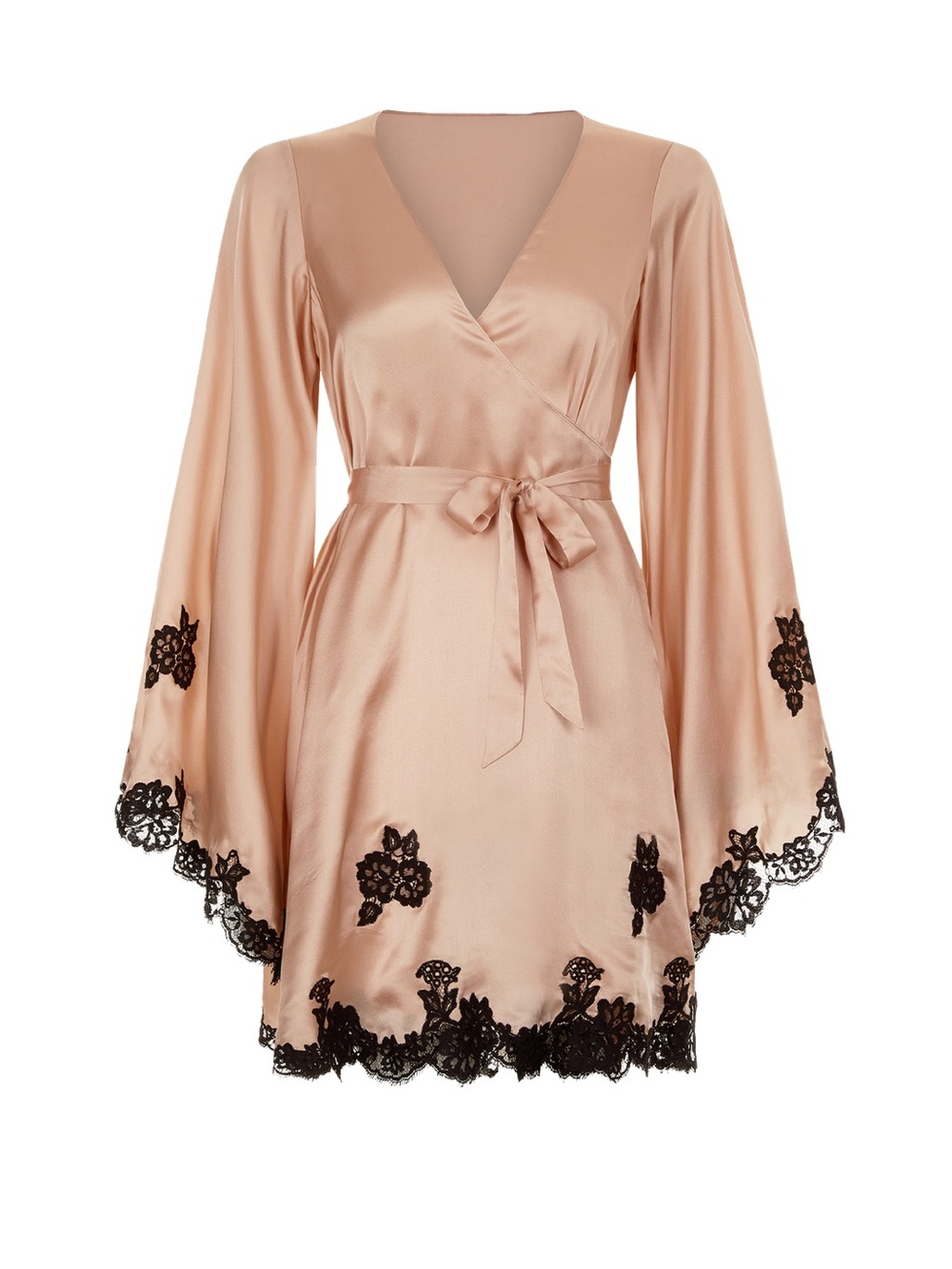 Gulia Agent Provocateur Soirée Satin Wrap Robe with Black Lace Trim - Grey